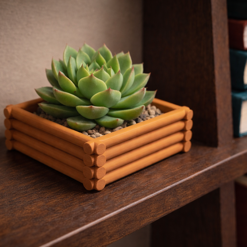 Green succulent in a wooden planter on a wooden shelf with books in the background